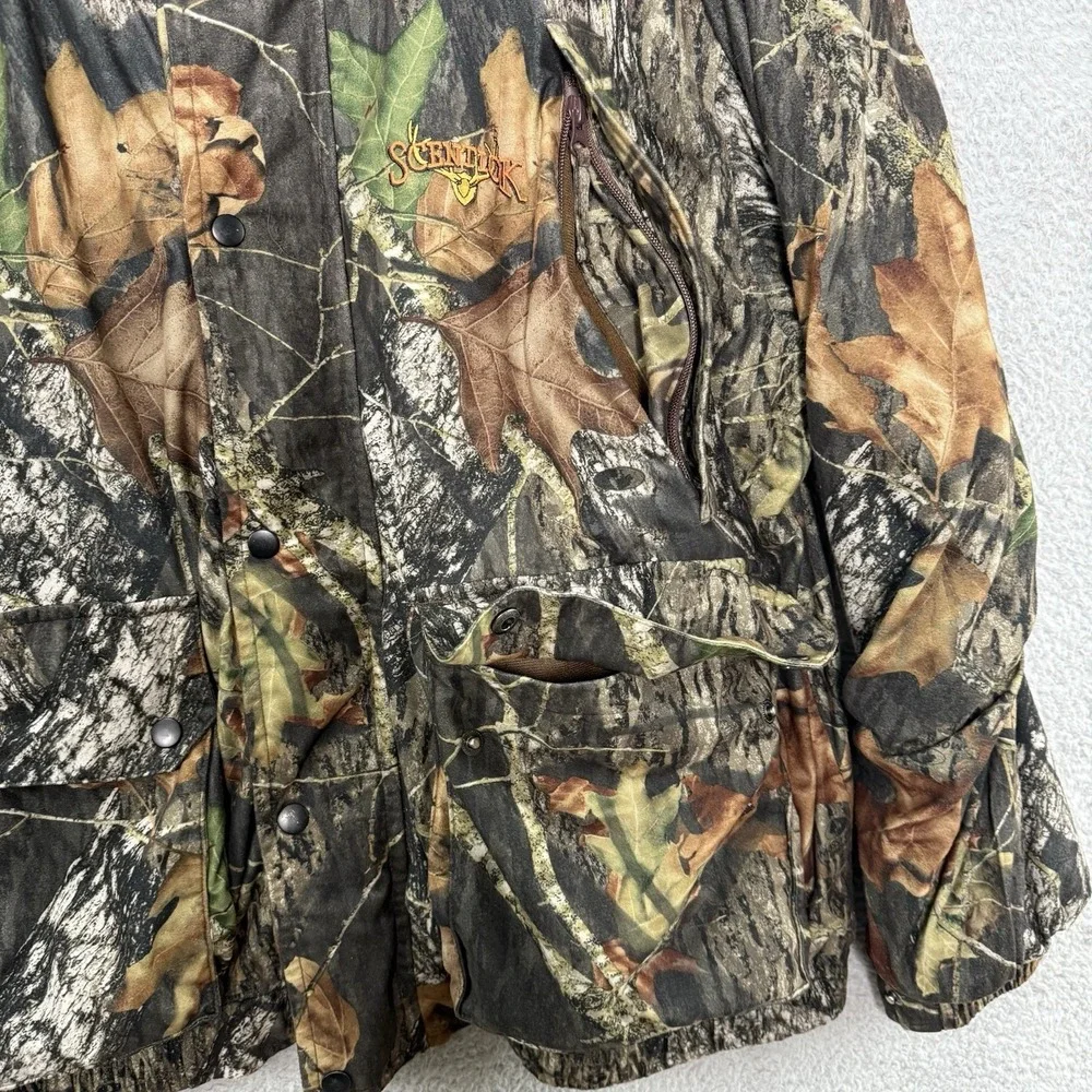 ScentLok Camo‎ Jacket Mens XL Full Zip Snap Hunting Coat Mossy Oak Pockets Lined
